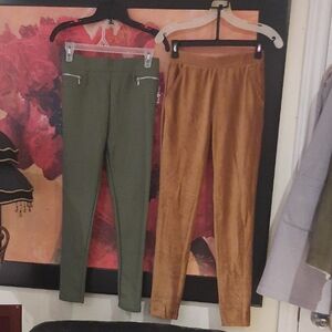 Lot of Two Stylish Girl's Stretch Green & Tan Pants Leggings NWT XL 14-16